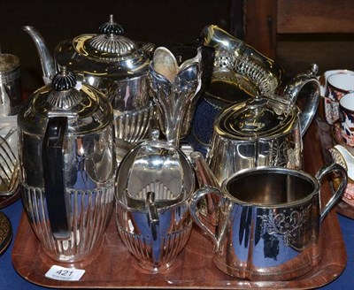 Lot 421 - Tray of assorted silver plate including three piece gadrooned tea set, teapot and sugar basin, oval