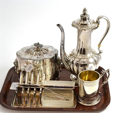 Lot 422 - A collection of assorted silver plate including a coffee pot retailed by Tiffany & Co. a tea caddy