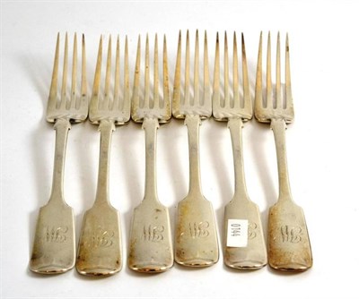 Lot 436 - # Six Victorian Fiddle pattern table forks by Charles Lias, London 1844, engraved monograms