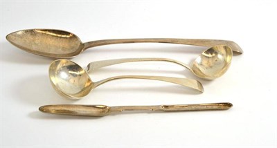 Lot 437 - George III silver marrow scoop, York 1804; a pair of George III silver sauce ladles, London...