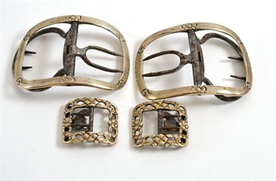 Lot 440 - Pair of mid 18th century silver shoe buckles, 6.5cm wide; a pair of late 18th century silver...