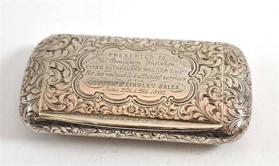 Lot 446 - A Victorian silver snuff box, engraved and dated 1862, Birmingham 1959, 9cm long