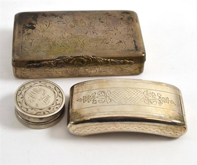 Lot 457 - Continental white metal snuff box, 8.5cm wide; a George III curved snuff box, Birmingham 1809,...