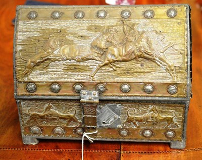 Lot 474 - A stationary box in the form of a Medieval reliquary chest, with stamped metal panels, 30cm wide