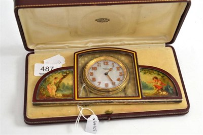 Lot 487 - An enamel desk timepiece, retailed by Brooking, Madrid, circa 1920, painted figural landscape...