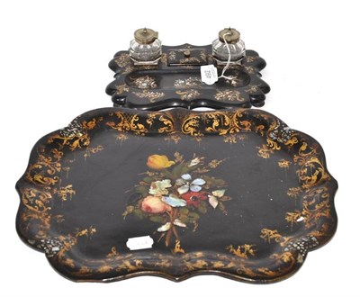 Lot 492 - A Victorian papier mache tray with mother-of-pearl inlay and a similar inkstand (2)