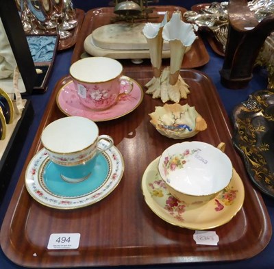 Lot 494 - Worcester blush ivory cup and saucer, peacock decorated dish, two English cabinet cups and...