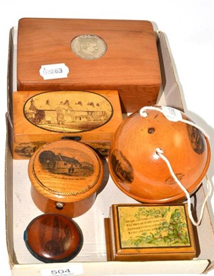 Lot 504 - A collection of Mauchlineware, a cigarette box and two commemorative boxes (qty)