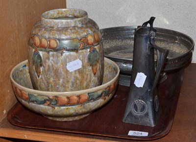 Lot 524 - Pewter jug, pewter bowl, Cranston pottery vase and bowl