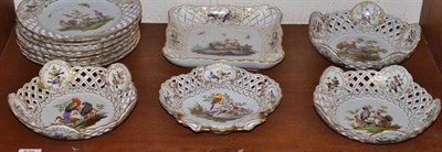 Lot 526 - A composite Dresden porcelain dessert service, 19th century, painted with exotic birds in...