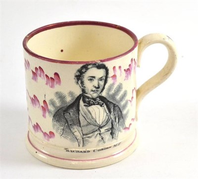 Lot 541 - A mid-19th century Sunderland pink lustre mug, printed with Richard Cobden, 9.5cm high