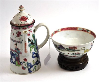 Lot 543 - An 18th century Chinese famille rose porcelain coffee pot and cover, 21cm high; and a similar bowl