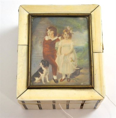 Lot 552 - An ivory, mother-or-pearl and tortoiseshell box, the cover set with a miniature of a boy, girl...