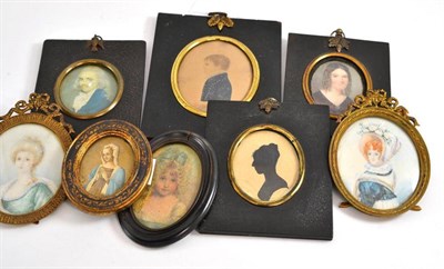 Lot 561 - A 19th century miniature on ivory of a woman and seven other miniatures and prints in frames (8)