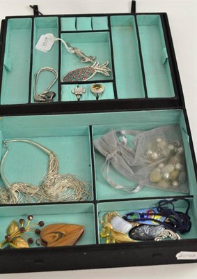 Lot 577 - A box of silver, white metal and costume jewellery, including a silver Art Nouveau style...