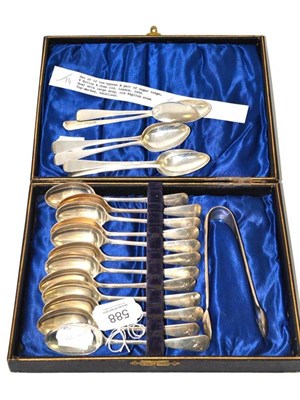 Lot 588 - A cased set of twelve Edwardian silver teaspoons and a pair of sugar tongs, London 1904; and a...