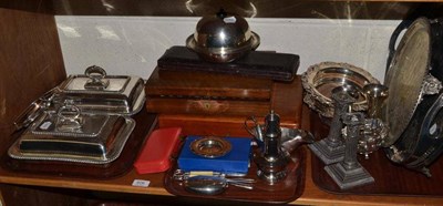 Lot 606 - Assorted silver and plate to include electroplate candlesticks, two trays, tureens, bonbon...