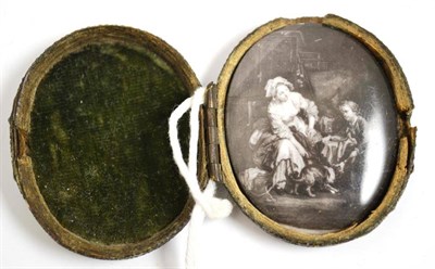 Lot 612 - A Staffordshire enamel small plaque, circa 1770, painted en grisaille with a mother and son at...