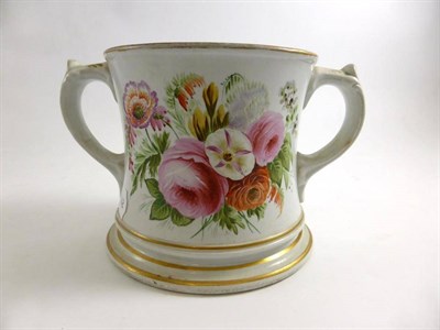 Lot 623 - An Elsmore & Forster pottery loving cup, inscribed 'Joseph Maddocks, Balsay London 1858', 13cm high