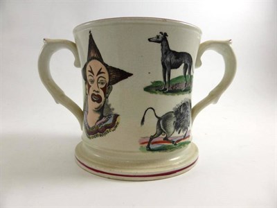 Lot 625 - A 19th century Staffordshire pottery triple frog loving cup printed with 'Cashmore Every Boys...