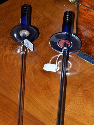 Lot 647 - Two blue glass rapiers with spiral twisted tips