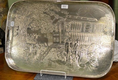 Lot 650 - Silver plated tray decorated with gypsy figures, 61cm wide