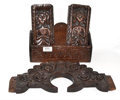 Lot 655 - An early 18th century candle box with lunette carving, 27cm wide; a Yorkshire oak carved...