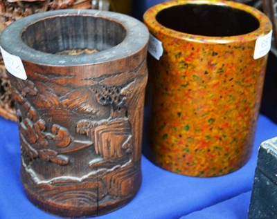 Lot 657 - A Chinese bamboo brush pot (Bitong), Qing Dynasty, carved with figures in a mountainous...