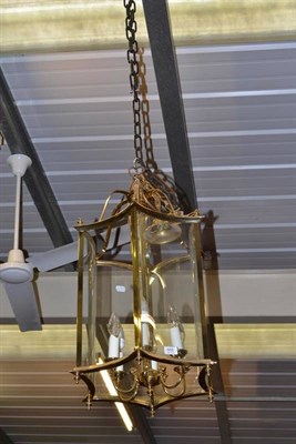 Lot 666 - ^ George III style brass hexagonal sided hanging lantern fitted for electricity (lacking one...