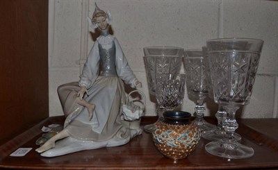 Lot 670 - Lladro figure modelled as a lady seated on a rocky base; a small Royal Doulton stoneware vase;...