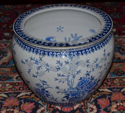 Lot 672 - A 20th century Chinese blue and white fish bowl, 36cm diameter