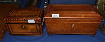 Lot 679 - A 19th century partridge wood and parquetry decorated two division tea caddy with glass mixing...