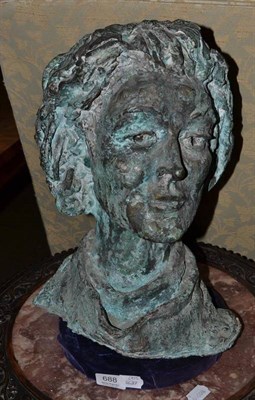 Lot 688 - Hugh Oloff de Wet (1912-1975) ";Kitty";, a green patinated bronze bust