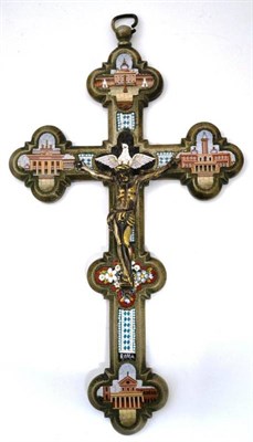 Lot 709 - Italian micro mosaic mounted white metal crucifix depicting Roman scenes, about the Corpus,...