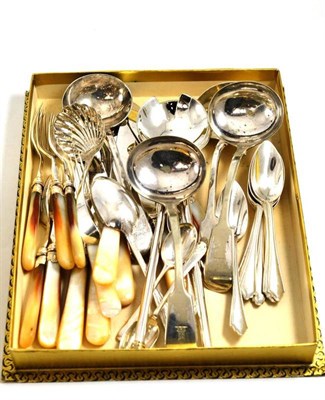 Lot 714 - Assorted cutlery including six silver teaspoons and a pair of silver ladles