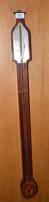 Lot 728 - A reproduction walnut and mahogany stick barometer, inlaid stringing, visible mercury tube,...