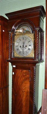 Lot 736 - A mahogany eight day longcase clock, 12-inch arched brass dial, arch with moonphase disc,...