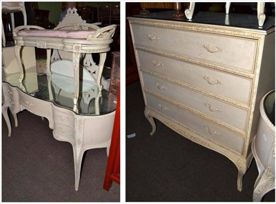 Lot 759 - Cream painted four drawer straight fronted chest of drawers, dressing table and duet stool with...