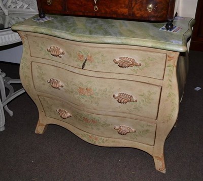 Lot 763 - A painted chest of drawers with floral design and faux marble top, 96cm diameter