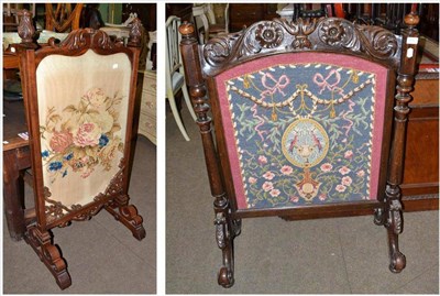 Lot 770 - Late Victorian oak framed firescreen, tapestry centre, 79cm wide; and Victorian mahogany framed...