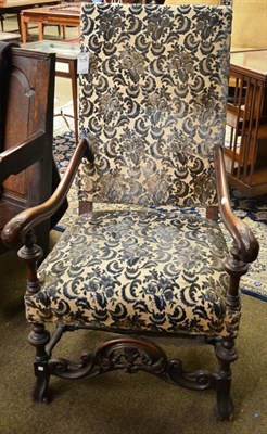 Lot 808 - An 18th century style Flemish open armchair, recovered in blue and green floral moquette, the...