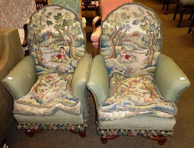 Lot 828 - Pair of armchairs, probably 1920's, upholstered in green needlework fabric depicting landscapes