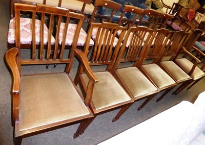 Lot 834 - Set of six early 20th century mahogany and boxwood strung dining chairs including two carvers (6)