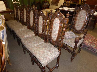 Lot 841 - Eight Victorian carved oak dining chairs in a 17th century style, including two carvers (8)