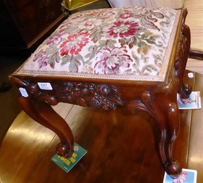 Lot 847 - Victorian carved mahogany stool raised on cabriole legs with overstuffed seat