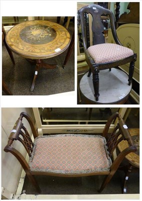 Lot 874 - Edwardian stool, a lacquer side/bedroom chair and a marquetry tripod table (3)