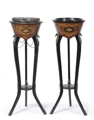 Lot 941 - Pair of Continental inlaid ebonised jardinieres, 95cm high