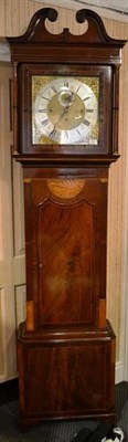 Lot 953 - A mahogany chiming longcase clock, swan neck pediment, 14-1/4-inch brass dial, seconds, triple...