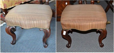 Lot 979 - Pair of Victorian rosewood stools upholstered in close-nailed striped fabric, raised on...