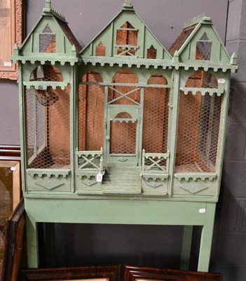 Lot 980 - Large French green painted bird cage on stand, 174cm high